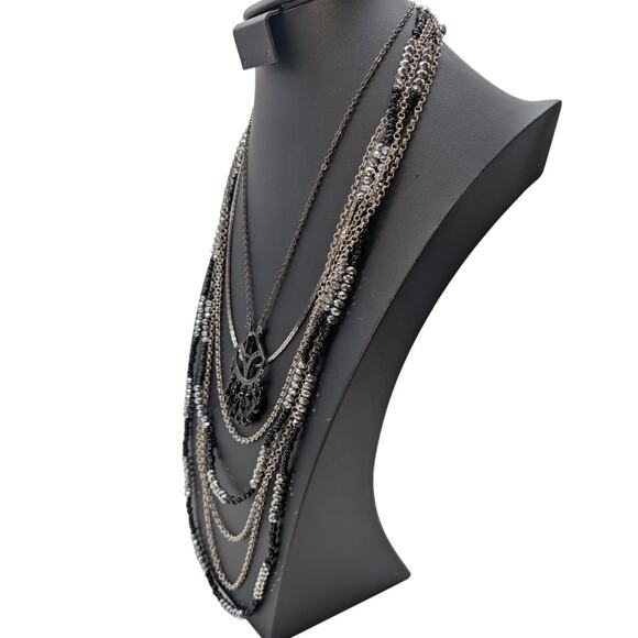 Lot of 3 Black & Metallic Beaded Silver Tone & Black Metal Layered Necklaces - Picture 3 of 9